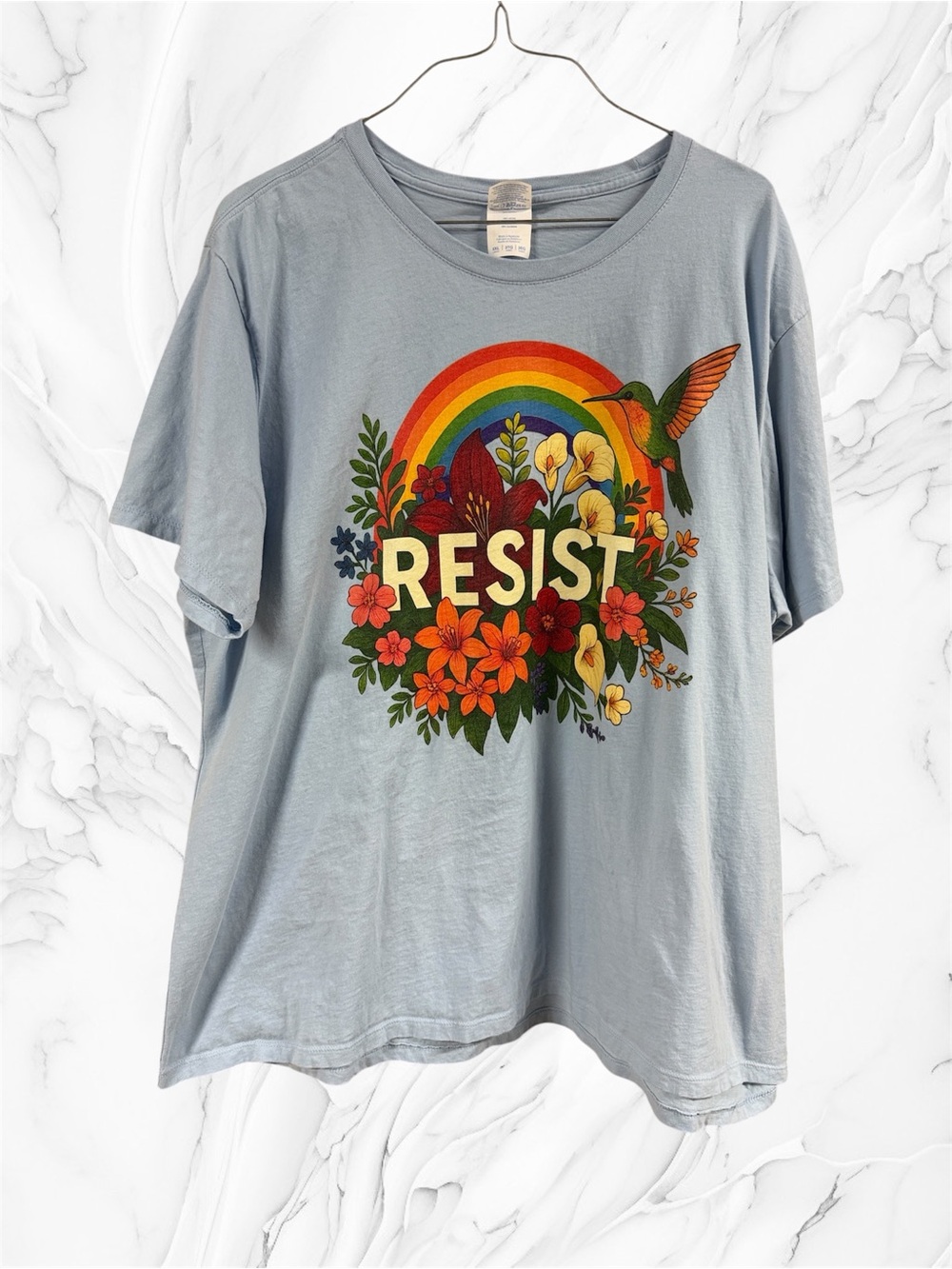Light Blue Graphic Tee with 'Resist' and rainbow graphics 3XL
